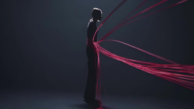 woman dancer entwined in red ribbons, dark studio spotlight, slow-motion choreography, fabric threads stream and wrap like living tendrils, minimalist stage, cinematic moody atmosphere, graceful