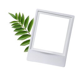 White instant photo frame with green leafy branch isolated on transparent background for decoration and design