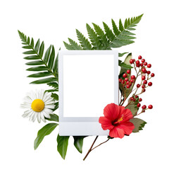 Instant photo frame with green leaves, red berries and yellow flowers isolated on transparent background