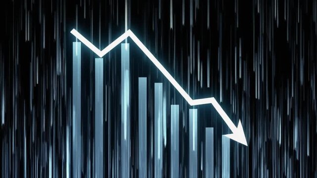 White downward trending arrow and bar graph against a dark background with vertical light streaks finance