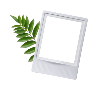 White instant photo frame with green leafy branch isolated on transparent background for decoration and design