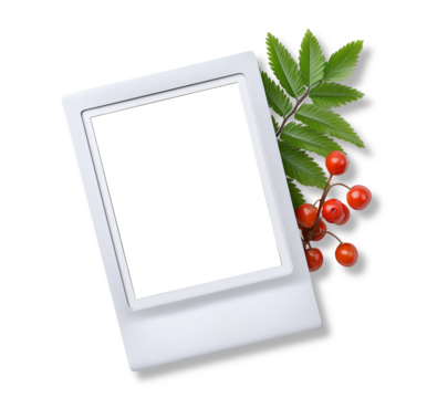 Instant photo frame with red rowan berries and green leaves isolated on transparent background for decoration - Powered by Adobe