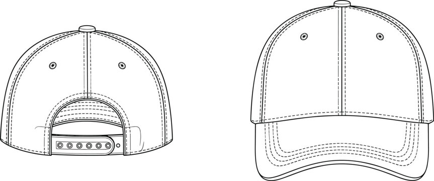 Classic six-panel baseball cap hat flat technical drawing vector illustration, front and back view, snapback closure, adjustable strap, apparel template, sportswear accessory.