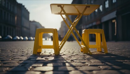 Yellow plastic folding table and two stools stand empty on a cobblestone street, captured from a low angle with dramatic shadows from the warm evening sunlight
