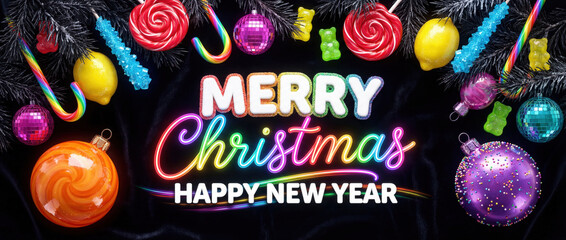 Candy style Christmas and New Year greeting banner with Cherry Red lollipops, electric blue candy sticks, yellow lemon drops, lime gummy bear shapes, and striped candy canes