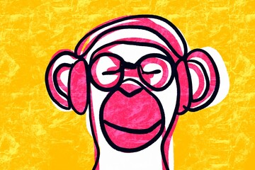 Pink and yellow illustrated monkey with headphones