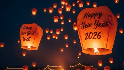 Celebrate Happy New Year 2026 with vibrant glowing sky lanterns floating ethereally on a dark night creating a magical festive celebration