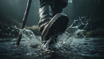 Obraz premium Rugged brown leather hiking boot with a heavy tread splashes powerfully into murky water, creating a dynamic spray of droplets in a dramatic low-angle cinematic shot