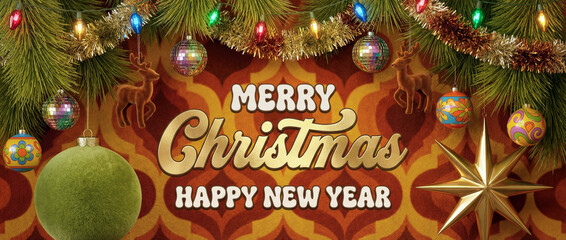 Retro Nostalgia style Christmas and New Year greeting banner with retro ornaments, glittery disco balls, flocked reindeer in brown velvet, and colorful ceramic baubles with psychedelic patterns