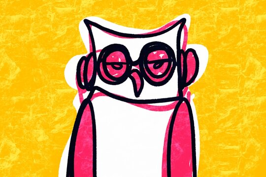 Colorful illustration of an owl with a humanized expression