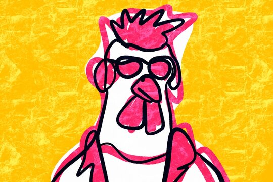 Illustrated rooster wearing sunglasses in vibrant colors