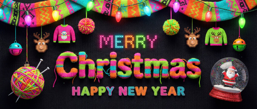 Ugly sweater party Christmas greeting banner with pixelated 8-bit reindeer baubles, fluffy neon yarn pom-poms, and jingle bells on dark Charcoal Grey knitted fabric texture background