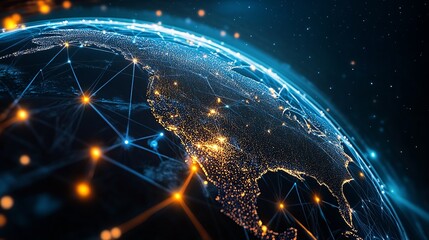 Dynamic global network connecting North America with vibrant digital nodes, showcasing modern technology and innovative global communication solutions