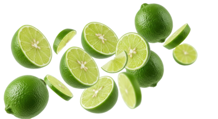 Vibrant green limes, whole, cut halves with juicy flesh, and thin slices, floating dynamically against a pristine transparent background, evoking natural freshness and purity
