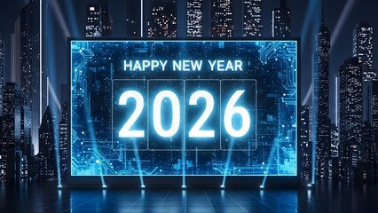 Exciting futuristic Happy New Year 2026 celebration with sparkling lights in vibrant city night, a modern and captivating event visual