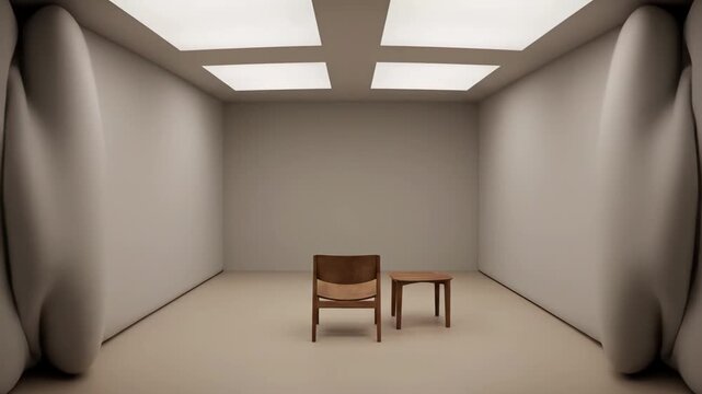 padded room with chair table, soft beige walls billow inward, overhead fluorescent panels cast clinical glow, single wooden chair beside small table centered on vinyl floor, atmosphere tense