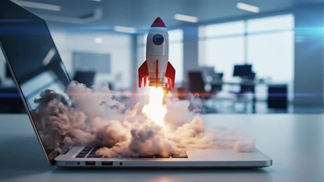 Digital startup launch rocket from laptop keyboard modern technology success concept