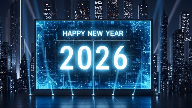 Exciting futuristic Happy New Year 2026 celebration with sparkling lights in vibrant city night, a modern and captivating event visual