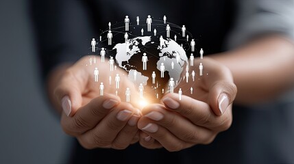 A business person extends their hand, holding a digital world map with glowing connection points, highlighting global links