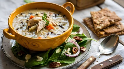 Hearty and healthy chicken and wild rice soup served in a rustic yellow bowl with a fresh spinach salad and multigrain crackers, perfect for a cozy, nourishing meal