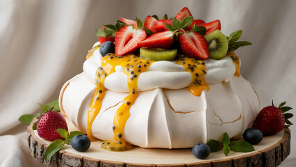 A photograph of an elegant Australian  cake with a crisp white meringue shell and soft, marshmallow-like interior. The dessert is topped with billowy clouds of fresh whipped cream and an artful