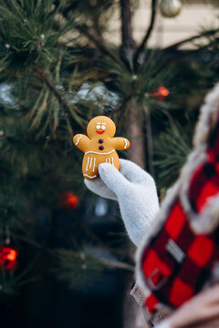 Holiday spirit with a gingerbread cookie held by a mitten