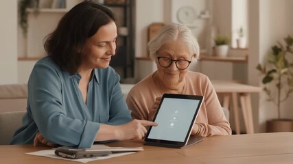 daughter helps elderly woman with tablet, cozy livingroom setting, smiling caregiver guiding senior through touchscreen, wooden table with notebook and coffee mug, soft natural light, indoor plants - Powered by Adobe