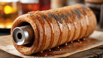 A close-up photograph of a traditional Czech trdeln&iacute;k pastry, showcasing its distinctive cylindrical spiral shape with golden-brown baked dough wrapped around a metal cylinder. The pastry glistens wit