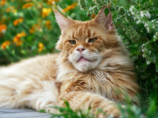A red Maine Coon cat lying in a garden. Close up.