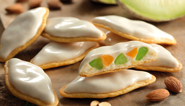 A close-up food photography shot of traditional French calissons candies arranged on a rustic wooden surface. The diamond-shaped confections showcase their distinctive layers: a delicate almond paste 