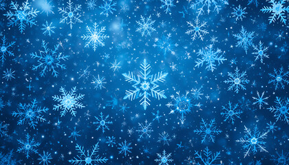 Vibrant blue background filled with falling illuminated ice crystals and detailed geometric snowflakes creating a winter scene