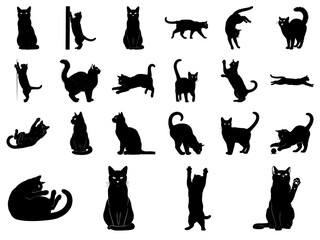 Collection of Black Cat Silhouettes in Various Poses Keywords: cat, silhouette, black cat
