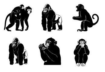 Group of Black Silhouettes of Monkeys and Gorillas Keywords: monkey, gorilla, silhouette, ape