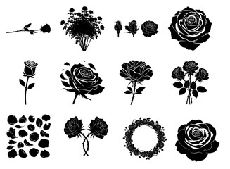 Selection of Black Rose Silhouettes and Floral Graphics Keywords: rose, silhouette, flower