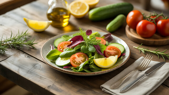 Fresh garden salad with tomatoes cucumbers and lemon on rustic table - Powered by Adobe