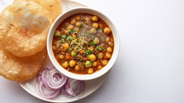 Delicious chole puri served with sliced red onion on a white plate