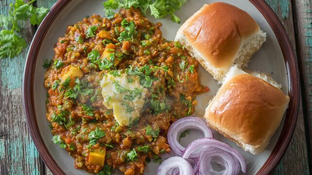 Delicious pav bhaji served with butter, onions, and fresh coriander garnish