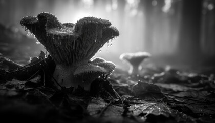 Wild chanterelle mushroom covered in glistening dewdrops grows on the forest floor in a moody, atmospheric black and white scene with soft, dramatic backlighting