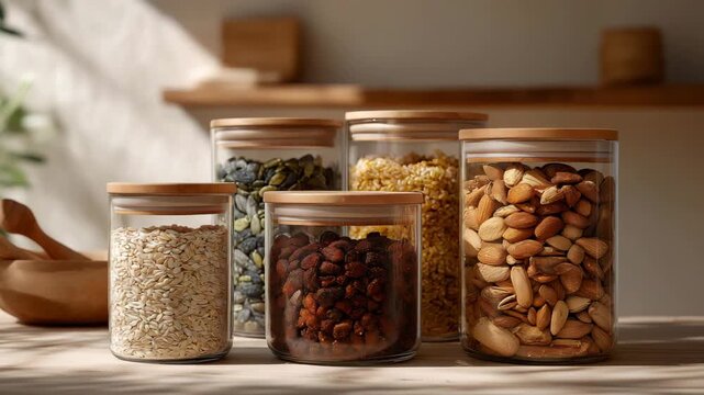 Modern zero-waste bulk pantry aesthetic with glass jars, bamboo scoops, and minimal packaging &mdash; concept of sustainable living, conscious consumption, and eco-chic home organization. cinematic color
