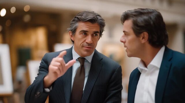 Portrait of art consultant gesturing subtly toward artwork while bidder listens intently &mdash; representing trust, knowledge sharing, and nuanced emotional storytelling in professional auction