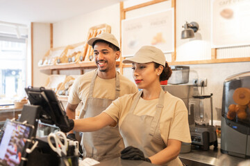 Workers at a bakery cafe