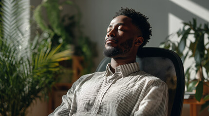 Black man doing a desk yoga twist in a modern office. Calm, inclusive wellness moment with natural light and greenery. Man performing subtle desk yoga twist, bright office, work-life balance wellness 