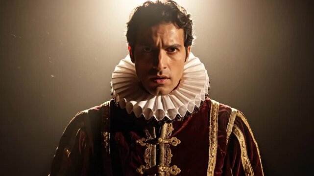 Noble Portrait: A stern individual stands in regal attire, exuding authority and confidence with a serious gaze, illuminated by a spotlight, hinting at an historical era.