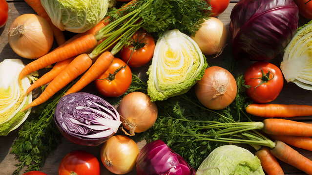 A top-down photograph of fresh vegetables arranged as a vibrant background pattern across a rustic wooden surface. Bright orange carrots with their green leafy tops still attached are scattered alongs