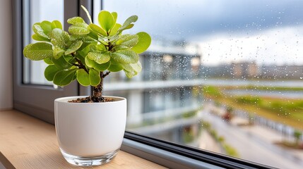 Fresh green leaves are visible against a rain-speckled window with an urban skyline in the background on a rainy day