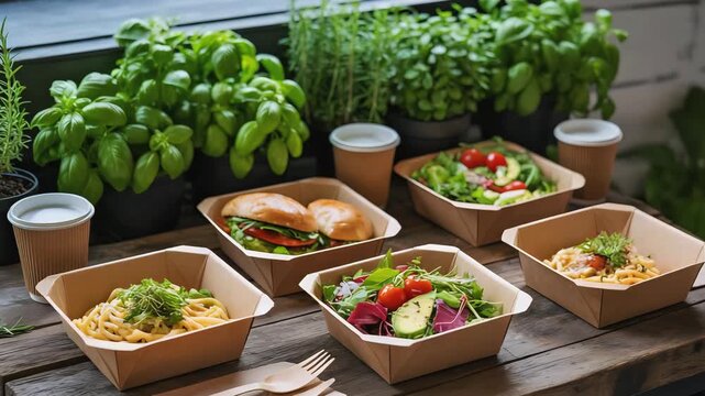 Cinematic Product Video of Eco-Friendly Food Packaging with Salads, Sandwiches, and Pasta in Sustainable Caf&eacute; Setting
