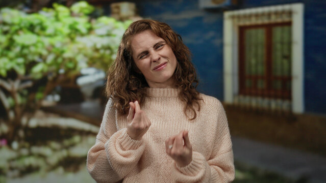 Young woman in cozy sweater making expressive gestures in a park with blurred green foliage and blue building in the background. - Powered by Adobe
