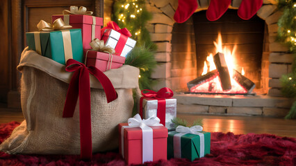 A cozy Christmas scene featuring a large burlap sack overflowing with colorfully wrapped presents positioned beside a crackling stone fireplace. The gift bag is tied with a thick red velvet ribbon, wi