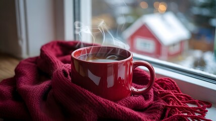 Cozy red mug of hot steaming beverage wrapped in a soft red scarf on a windowsill with a snowy background and a small house