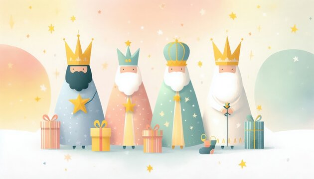 Illustration of the three wise men with gifts and crowns on a light background with stars and circles